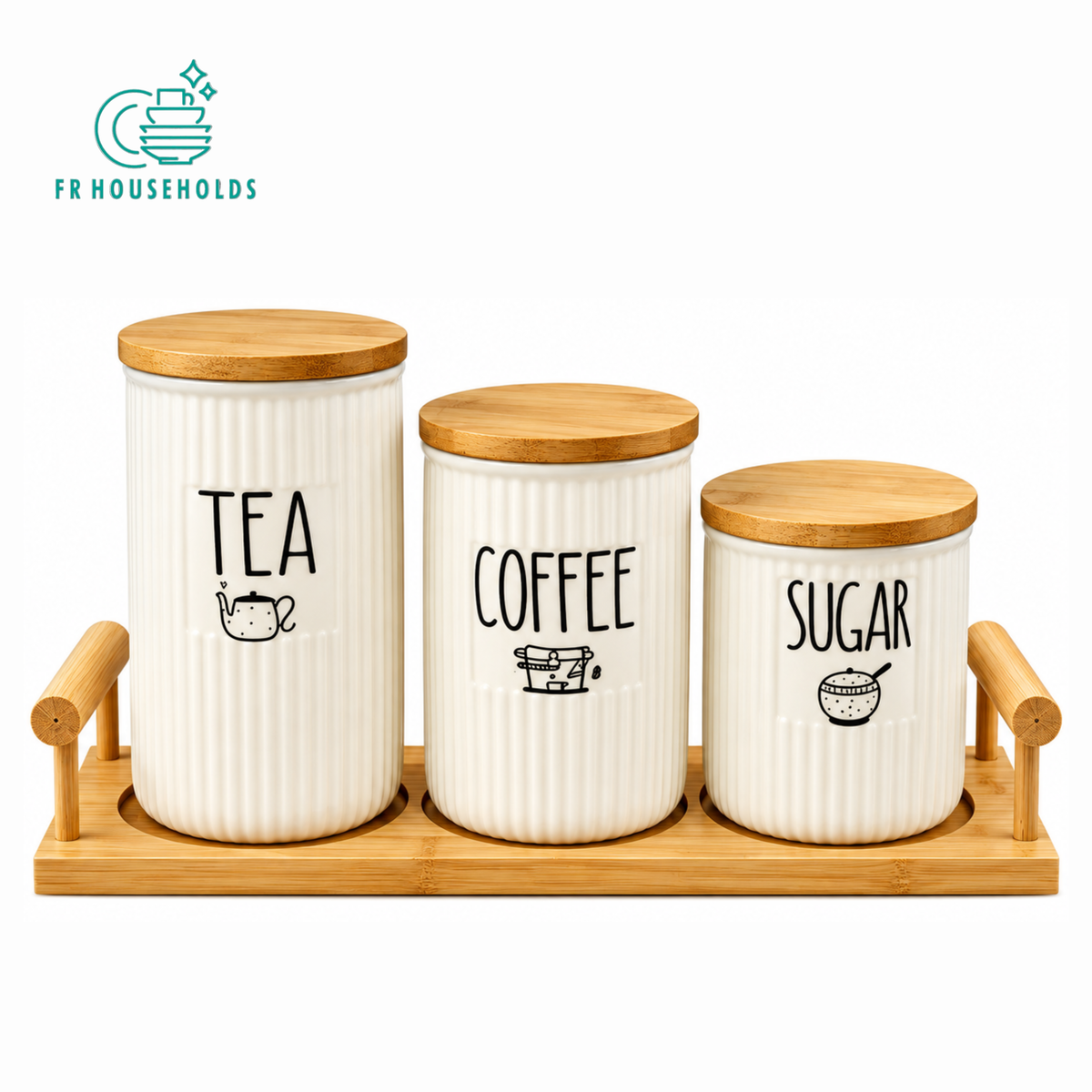 3 Pieces Tea Coffee Sugar Storage Set with Wooden Tray