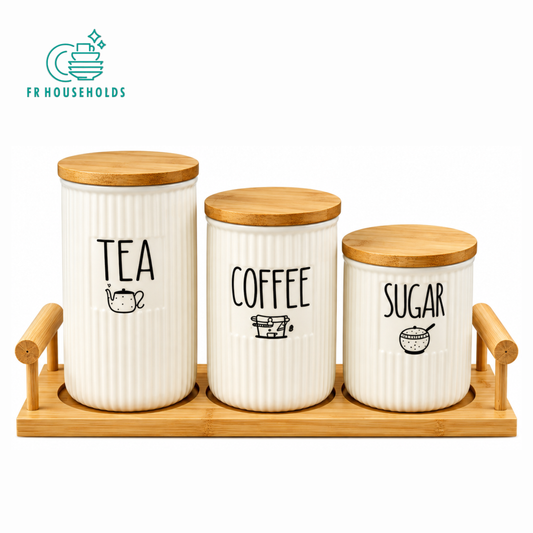 3 Pieces Tea Coffee Sugar Storage Set with Wooden Tray