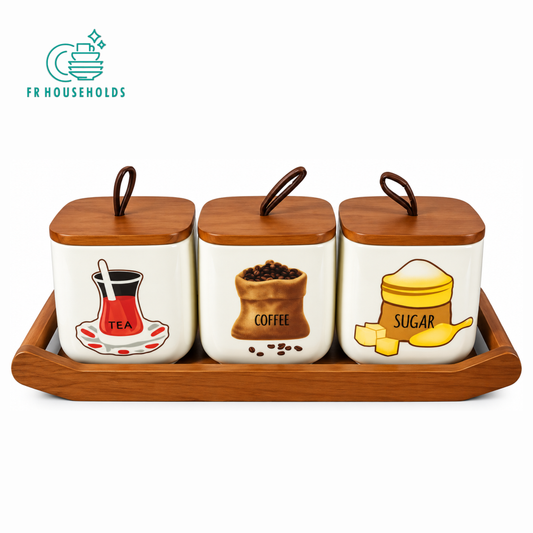 3 Pieces Tea Coffee Sugar Storage Set with Wooden Tray
