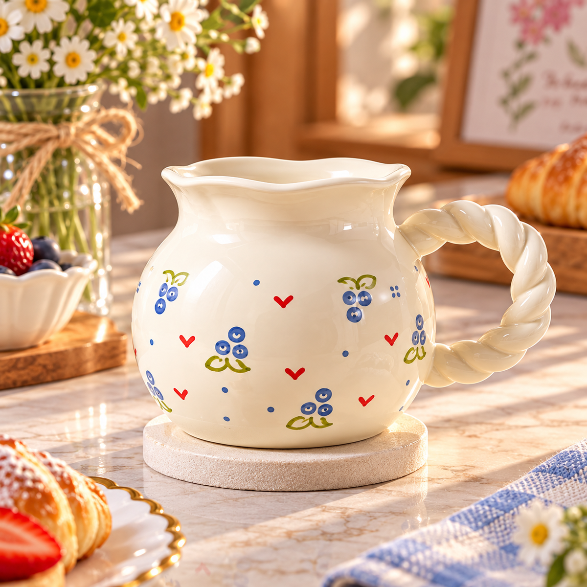 Cute Fruit Print Ceramic Mug with Twisted Handle – Different Designs