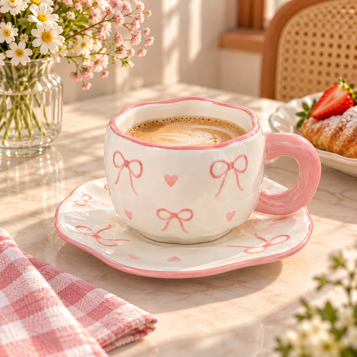 Pink Bow Print Ceramic Tea Cup and Saucer