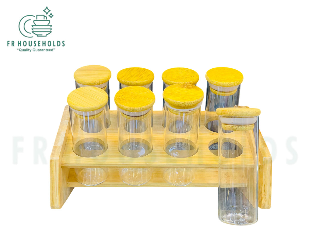 Cylinder Shape Glass Jars Condiments Organiser Stand | 8 Airlock Jars - 1 Wooden Stand