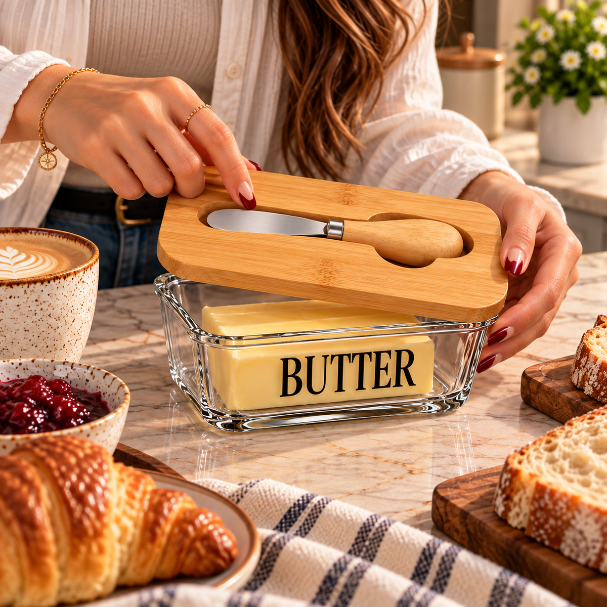 Glass Butter Dish with Wooden Lid and Knife – Square Design