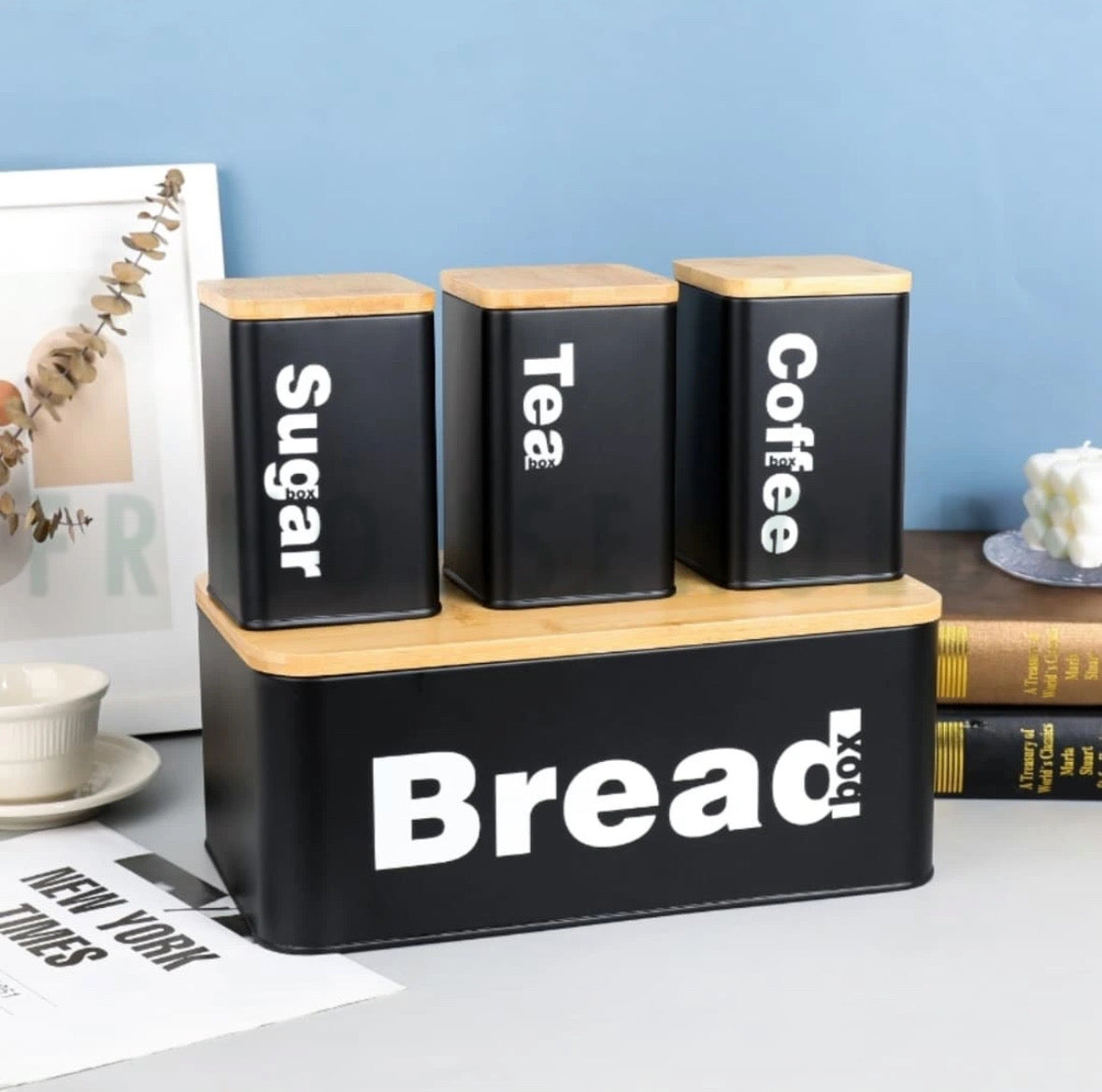 4pcs Stylish Bread, Tea, Sugar & Coffee Airtight Tin Canisters Set