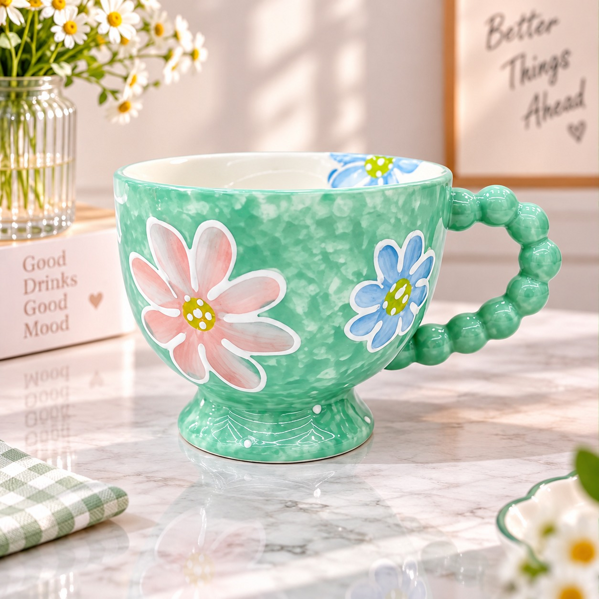Aesthetic Floral Ceramic Mug with Beaded Handle | Hand Painted