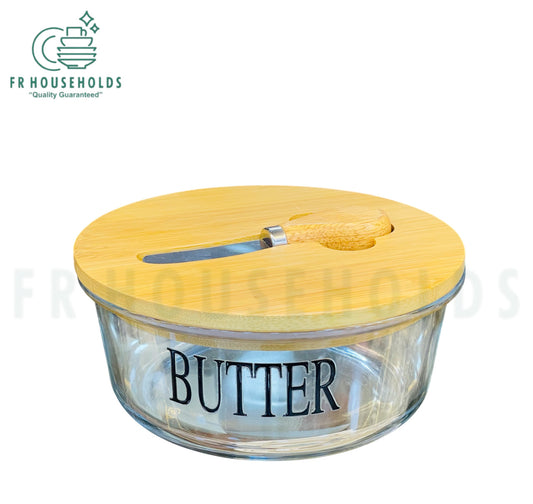 Premium Glass Butter Dish with Airlock Wooden Lid & Stainless Steel Butter Knife – Elegant, Airtight Storage for Counter or Fridge | (Round)