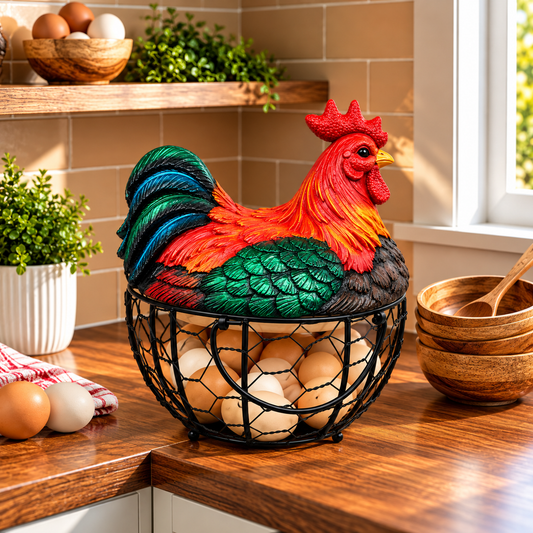 Decorative Rooster Egg Basket with Lid – Multi-Purpose Fruit & Dry Fruit Storage