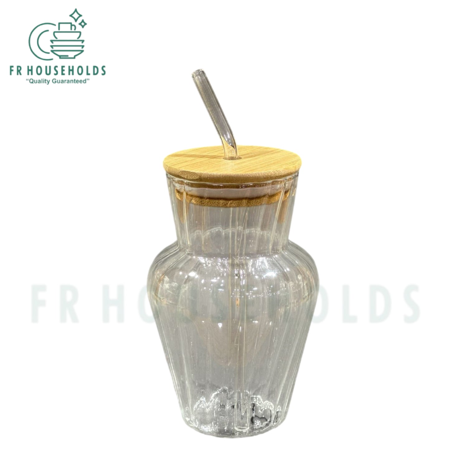 Ribbed And Plain Transparent Drinking Glass Tumbler with Bamboo Lid And Glass Straw | 450ml