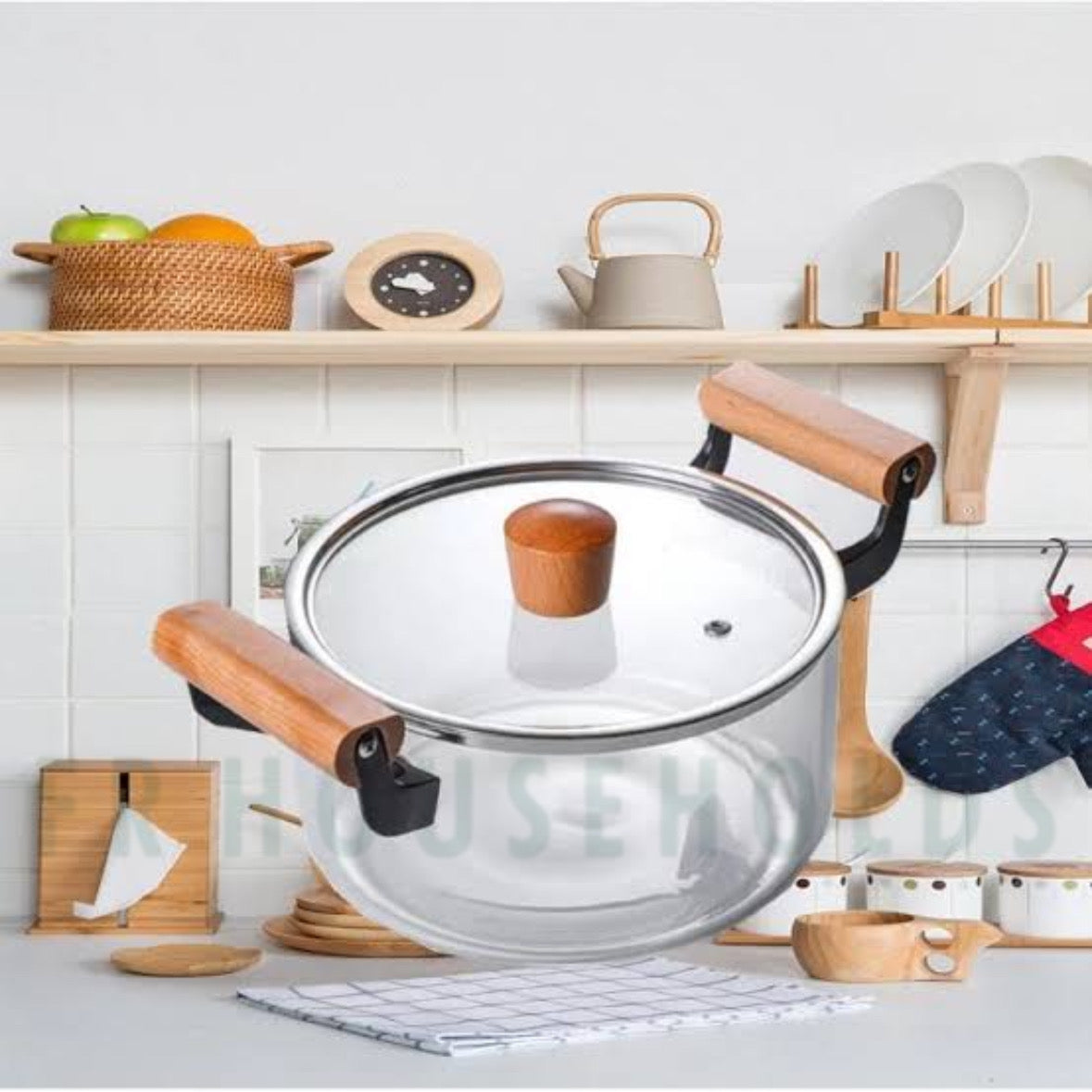 Professional Glass Cooking Pots With Heavy Wooden Handles