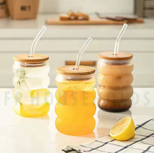 Bubble Shape Iced Tea Glass with Wooden Lid & Straw – Aesthetic Borosilicate Drinkware (400ml) | 1pc