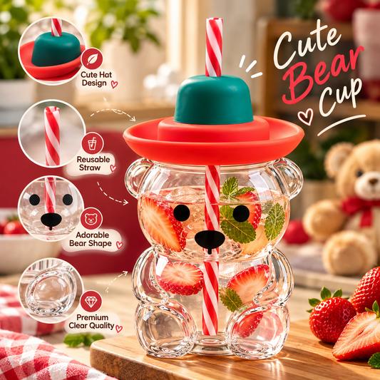 Cute Bear Shape Glass Cup with Hat Lid & Reusable Straw