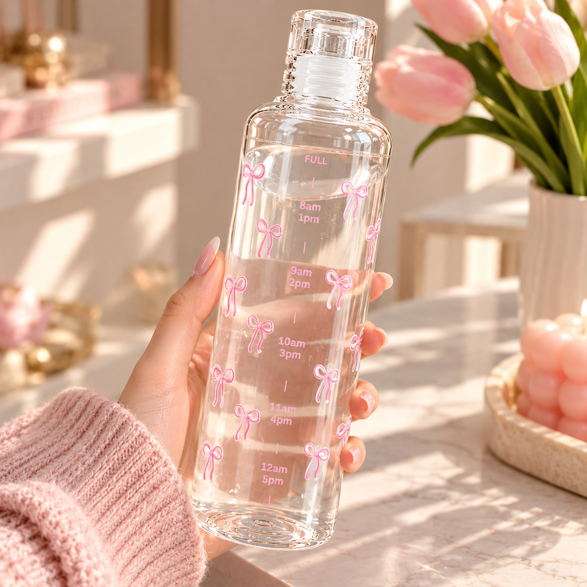 Pink Bow Motivation | Glass Water Bottle with Time Markings