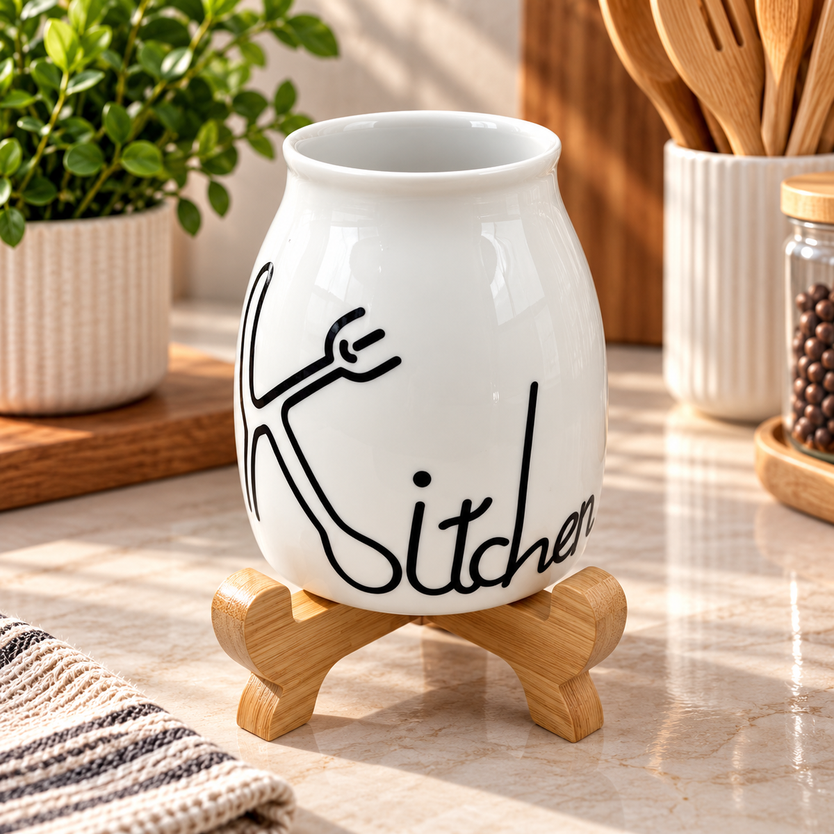 Ceramic Kitchen Utensil Holder with Wooden Stand