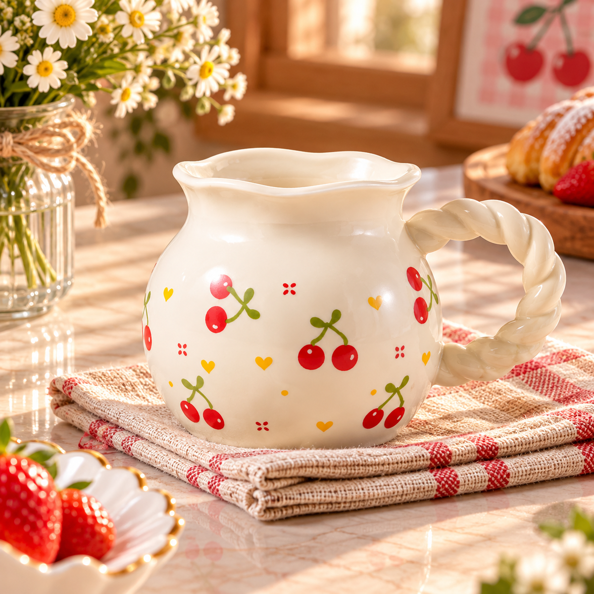 Cute Fruit Print Ceramic Mug with Twisted Handle – Different Designs
