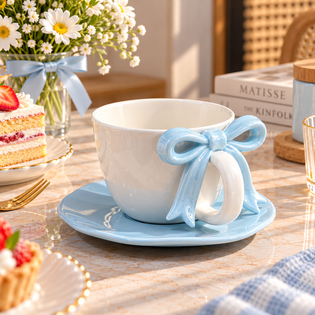 Bow Design Ceramic Tea Cup and Saucer – Available in Different Colours