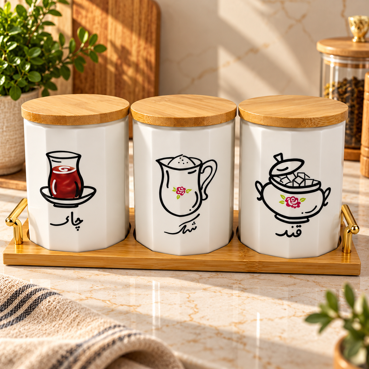 Tea Milk Sugar 3-Piece Ceramic Canister Set with Wooden Tray