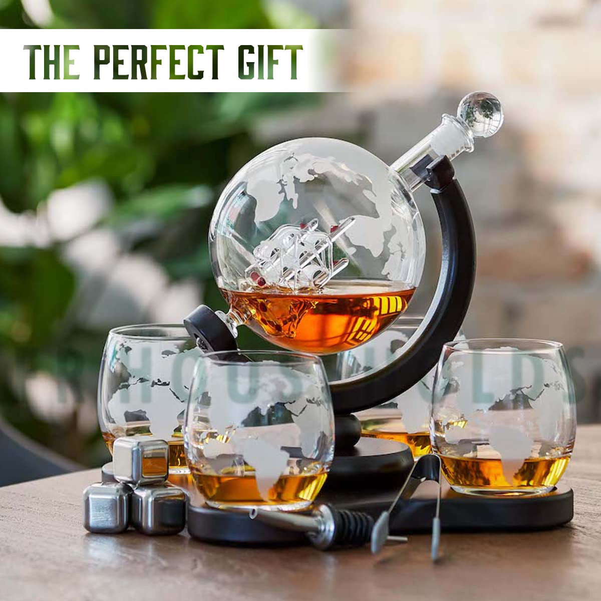 Luxury Globe Whiskey & Wine Dispenser Set with 4 Etched Glasses – Handcrafted Elegance