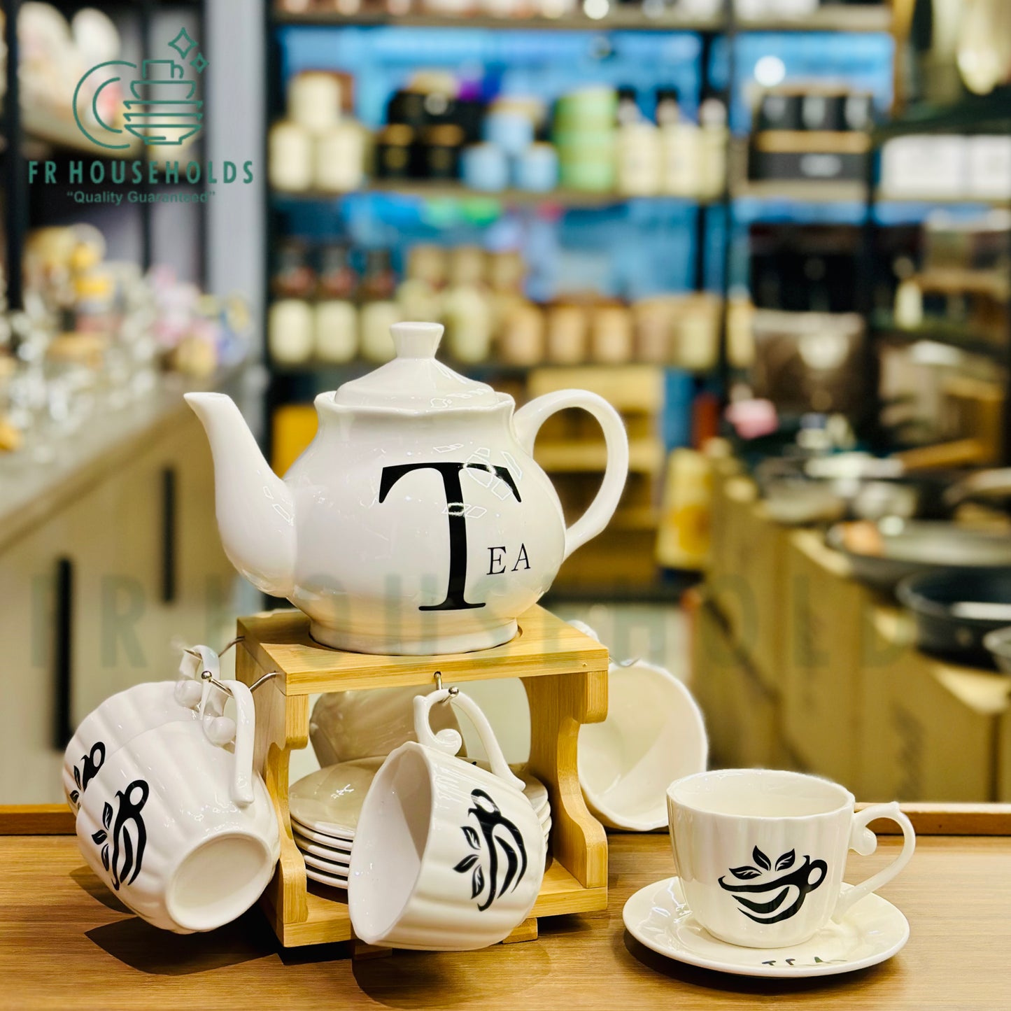 Aesthetic 15pc Ceramic Tea Serving Set with Bamboo Stand