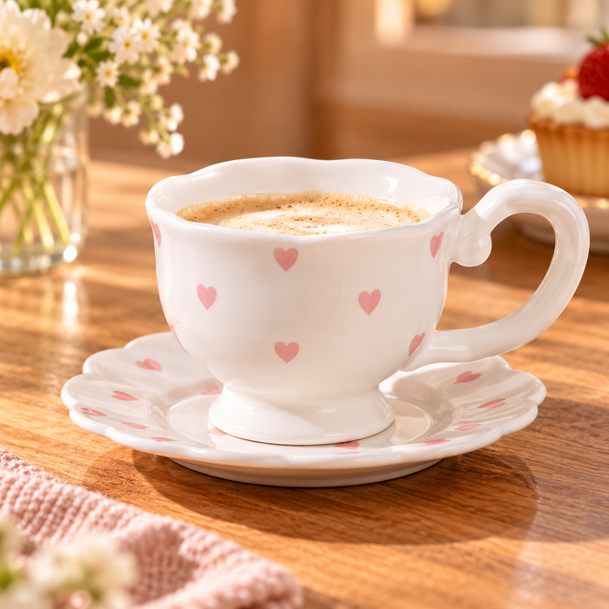 Heart Print Ceramic Tea Cup and Saucer – 250ml, Different Colours