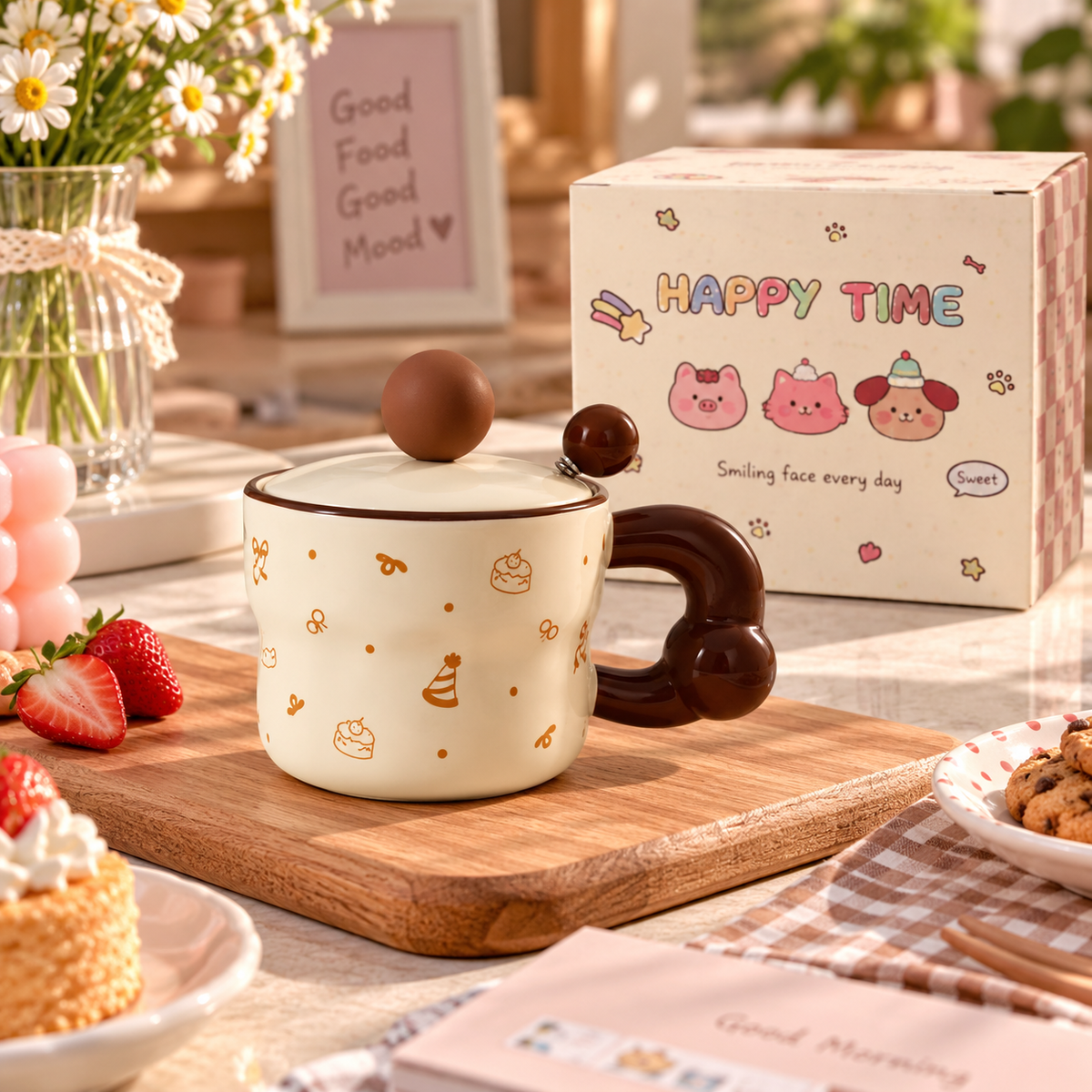 Cute Ceramic Coffee Mug with Lid – Available in Different Colours