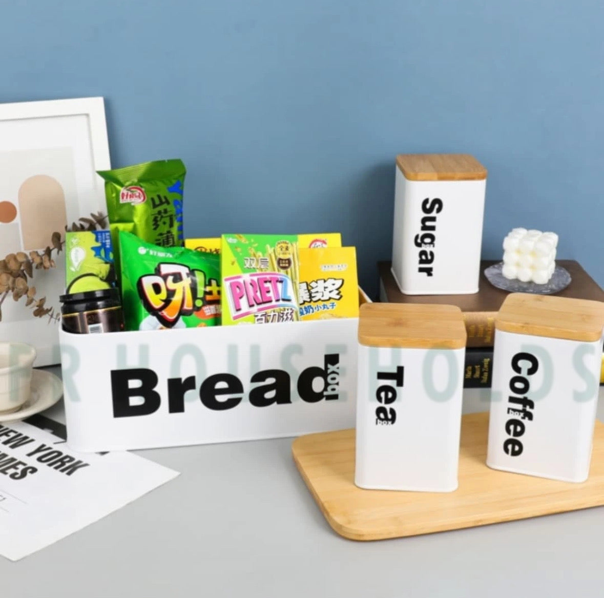 4pcs Stylish Bread, Tea, Sugar & Coffee Airtight Tin Canisters Set