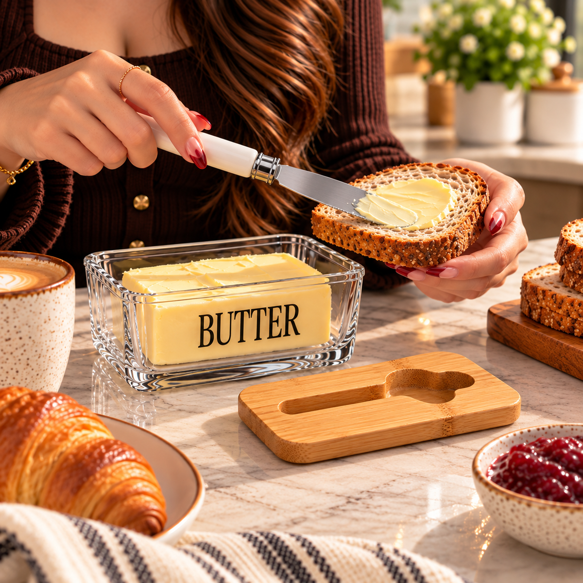 Glass Butter Dish with Wooden Lid and Knife