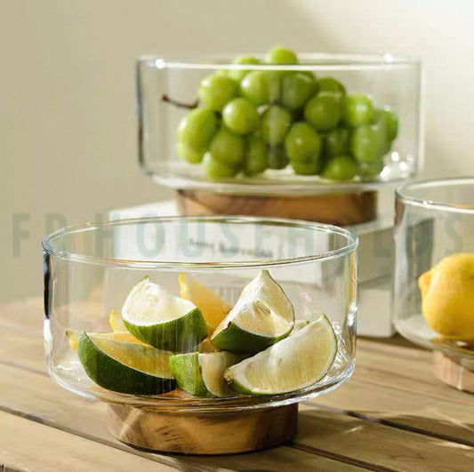 Wooden Base Glass Fruit Bowl – Elegant & Modern Kitchen Décor