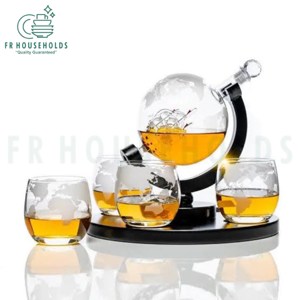 Luxury Globe Whiskey & Wine Dispenser Set with 4 Etched Glasses – Handcrafted Elegance