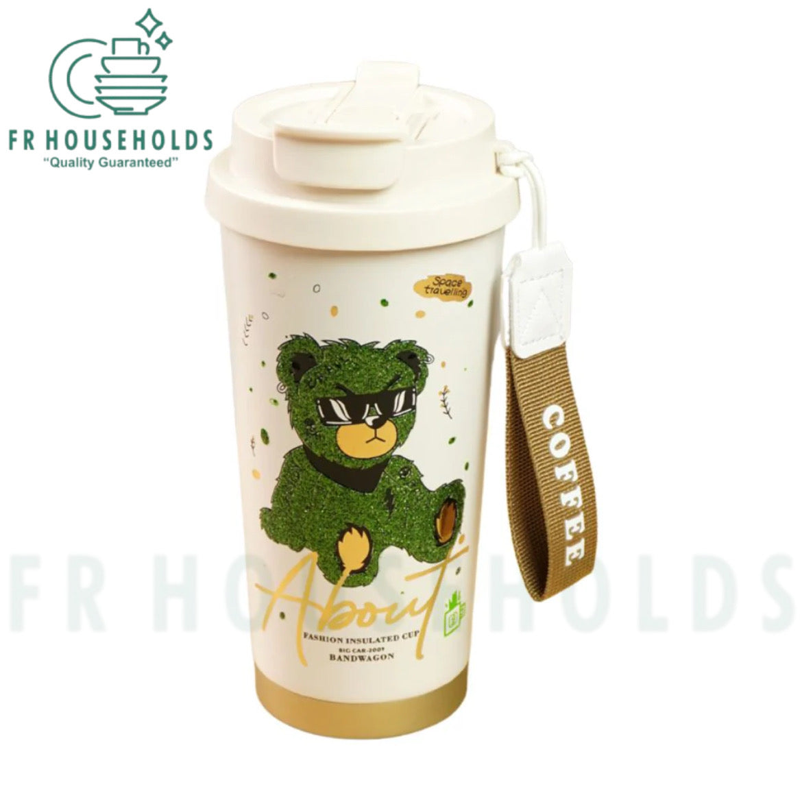 Hardy Fashion Insulated Coffee Tumbler with Infuser Tube & Inner Ceramic Liner - 520ml (Green Bear)