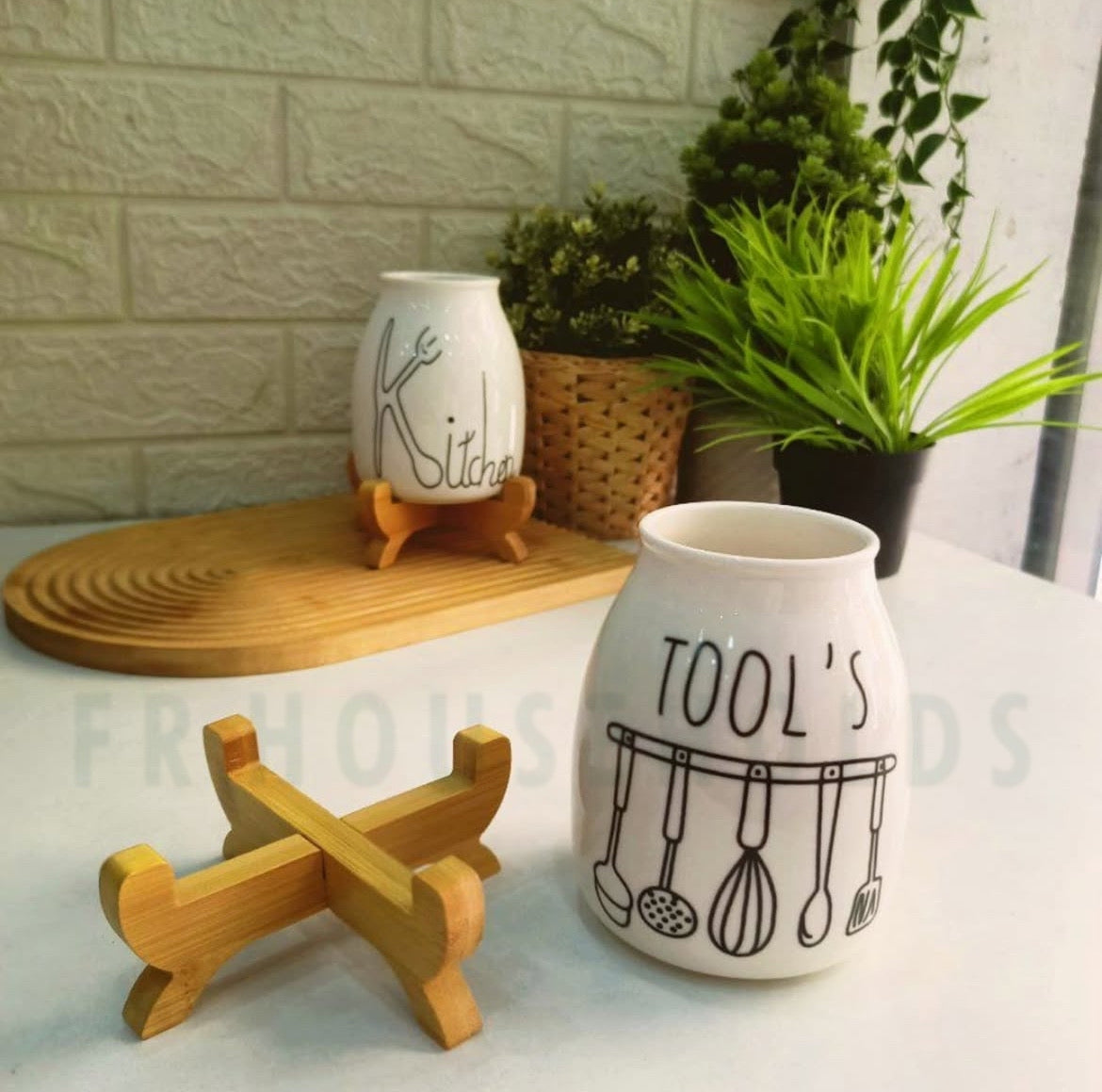 Porcelain Spoon Holder with Wooden Stand