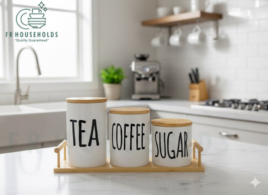 3-Piece Porcelain Airtight Jar Set with Real Bamboo Wood Stand