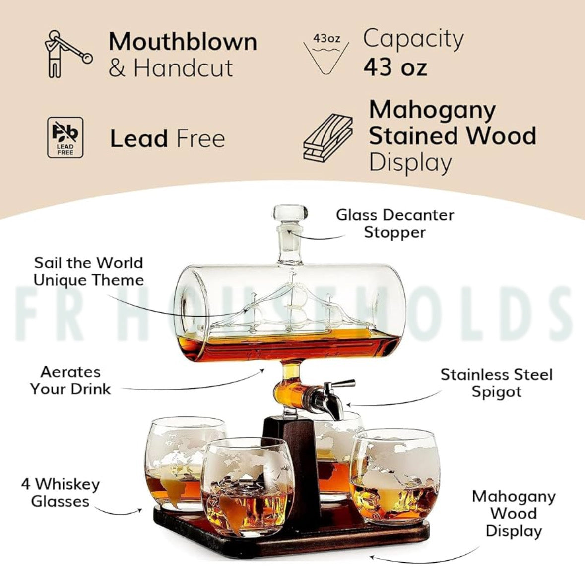 Luxury Ship-in-Bottle Wine & Whiskey Dispenser Set – 5-Piece Globe Glass Collection