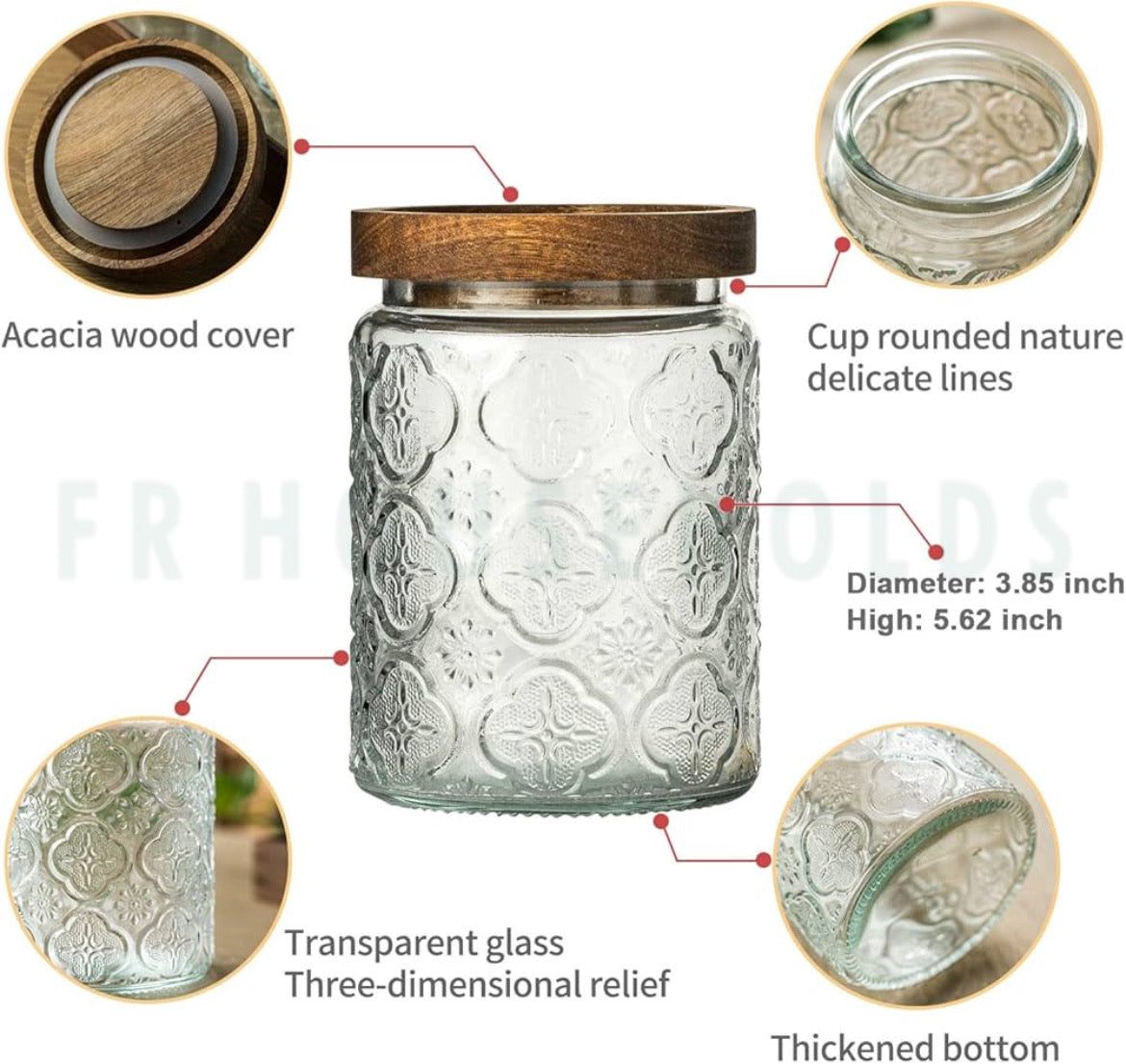 Vintage Pattern Glass Airlock Jar with Wooden Lid - 750ml - 24OZ | Round