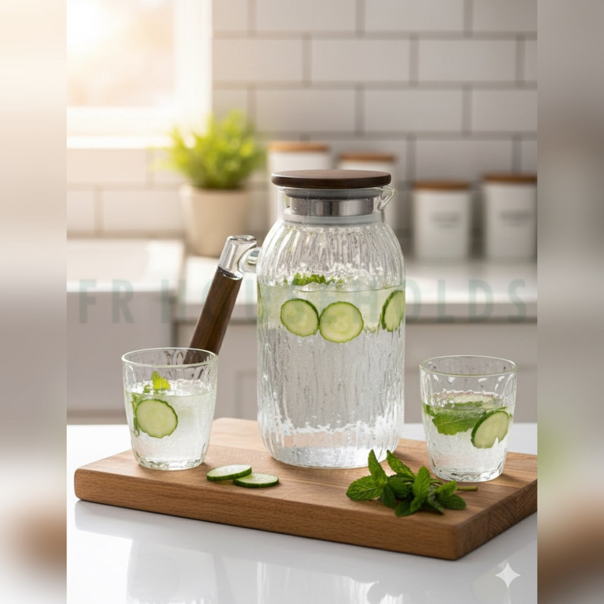 2.0L Borosilicate Glass Jug with Wooden Texture Handle – Elegant & Heat-Resistant Pitcher