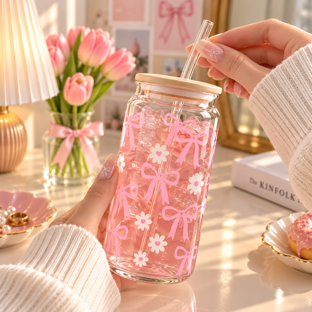 Pink Bow & Flower Glass Tumbler with Lid & Straw