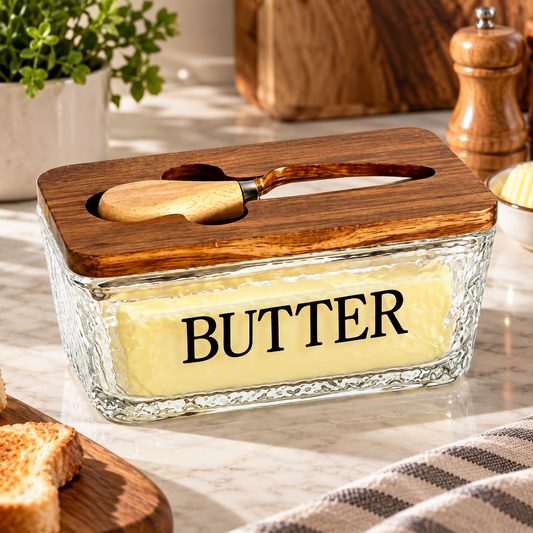 Glass Butter Dish with Wooden Lid & Butter Knife | Hammered Glass