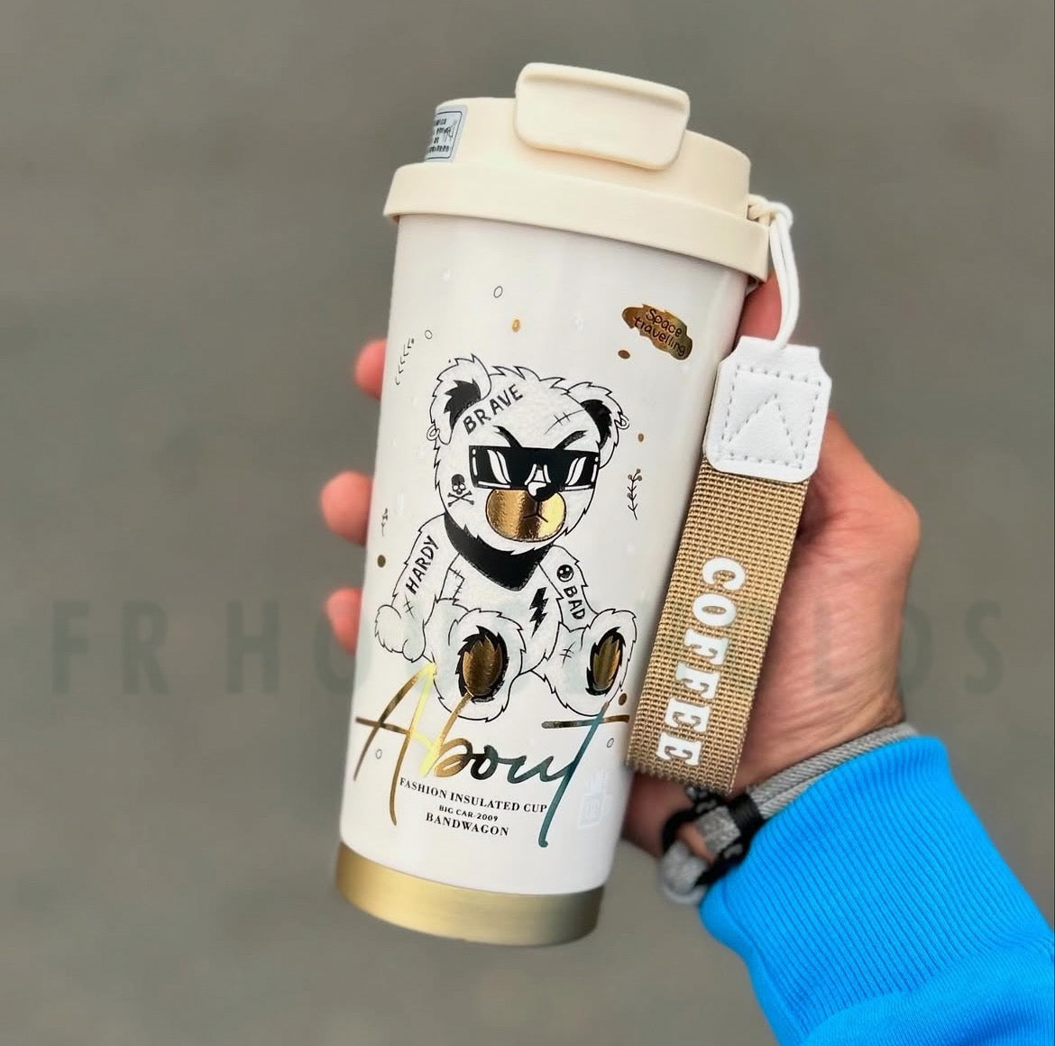 Hardy Fashion Insulated Coffee Tumbler with Infuser Tube & Inner Ceramic Liner - 520ml (White Bear)