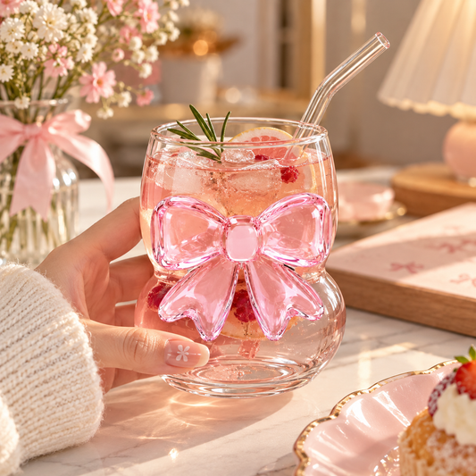 3D Pink Bow Bubble Glass Cup – Aesthetic Drinkware