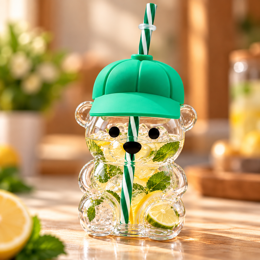 Cute Bear Shape Glass Cup with Green Hat Lid & Reusable Straw