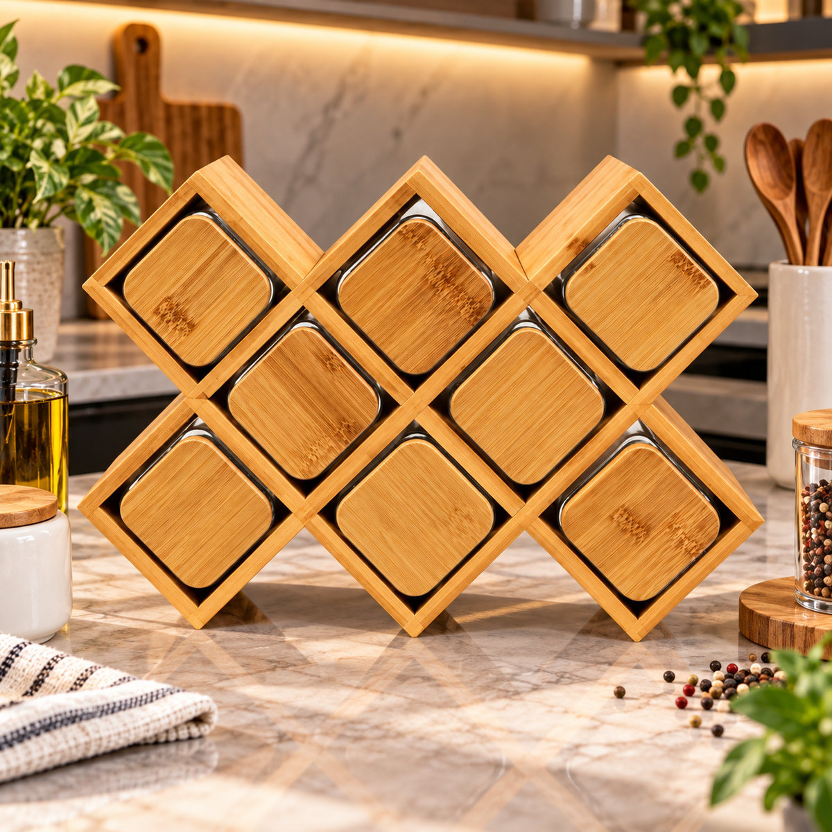 Bamboo Spice Rack with 8 Glass Jars & Bamboo Lids – Diamond Design