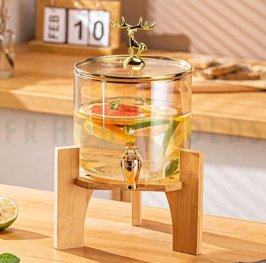 Premium Borosilicate Glass Beverage Dispenser with Wooden Stand – Amber Gold & Clear White (2.6L / 3.6L)