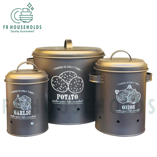 3-Piece Tin Storage Bucket Set for Potatoes, Onions, and Garlic