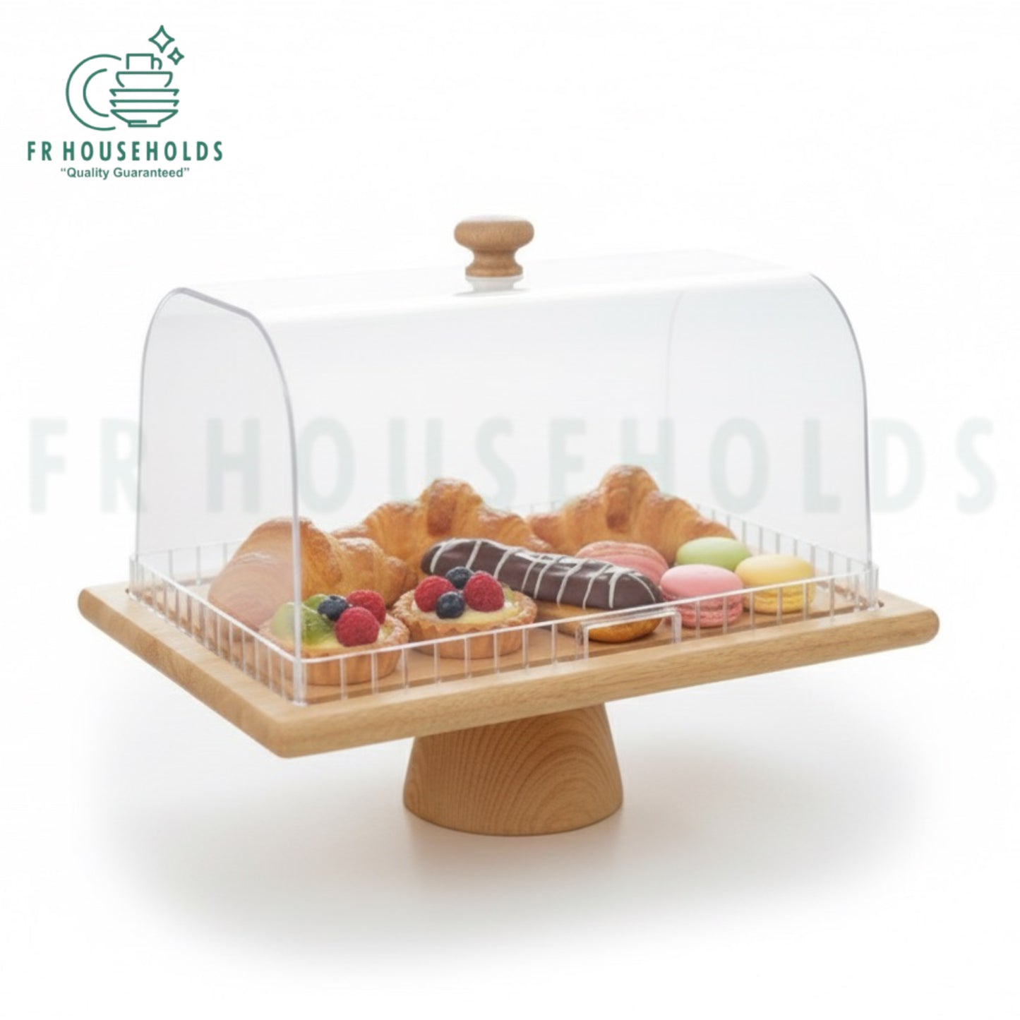 Wooden Rectangle Cake Dish with Acrylic Lid – Premium Serving Tray with Clear Cover