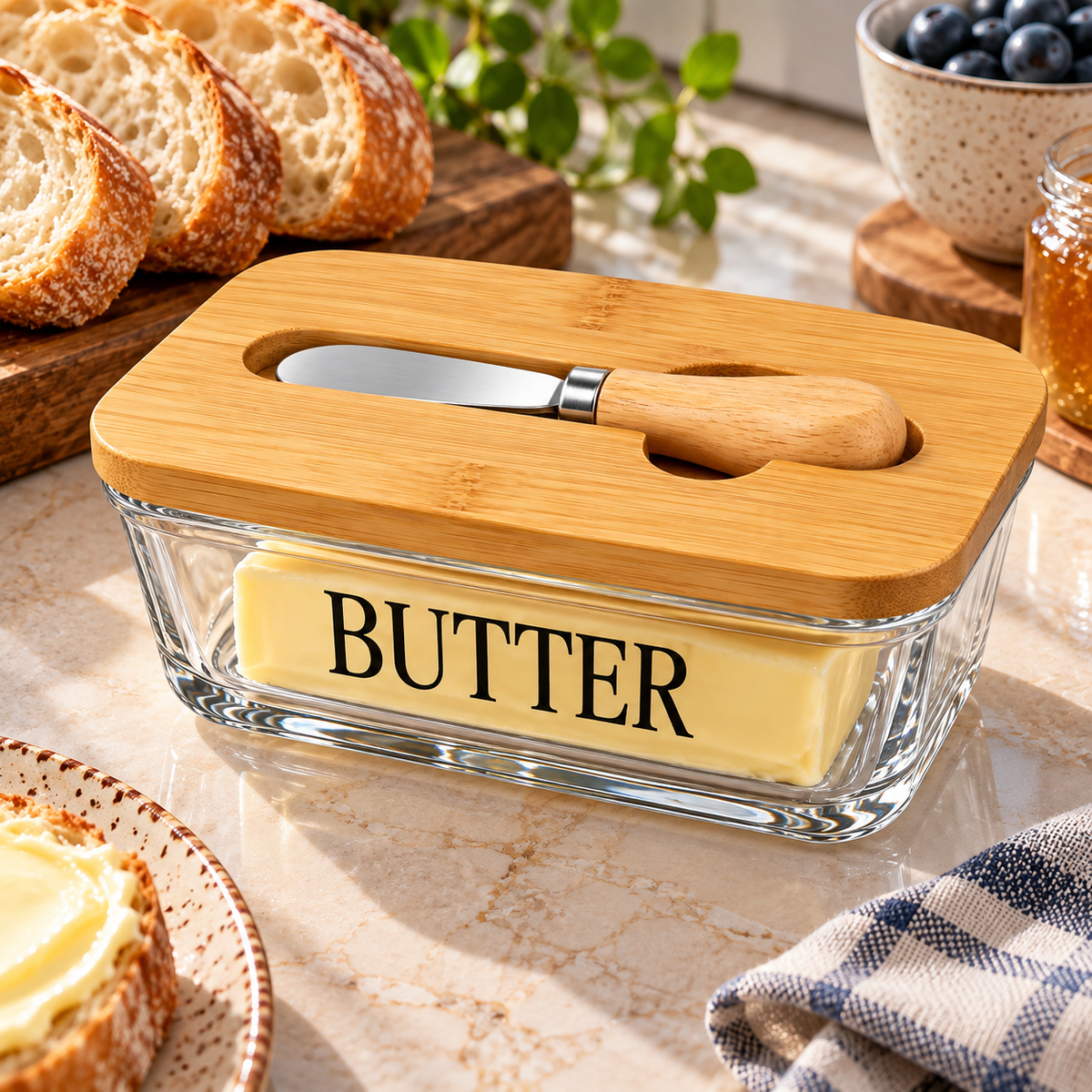 Glass Butter Dish with Wooden Lid and Knife – Rectangle Design
