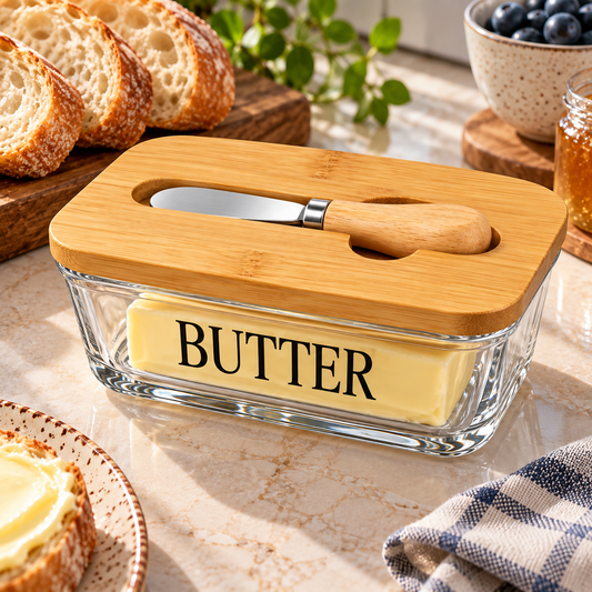 Glass Butter Dish with Wooden Lid and Knife – Rectangle Design