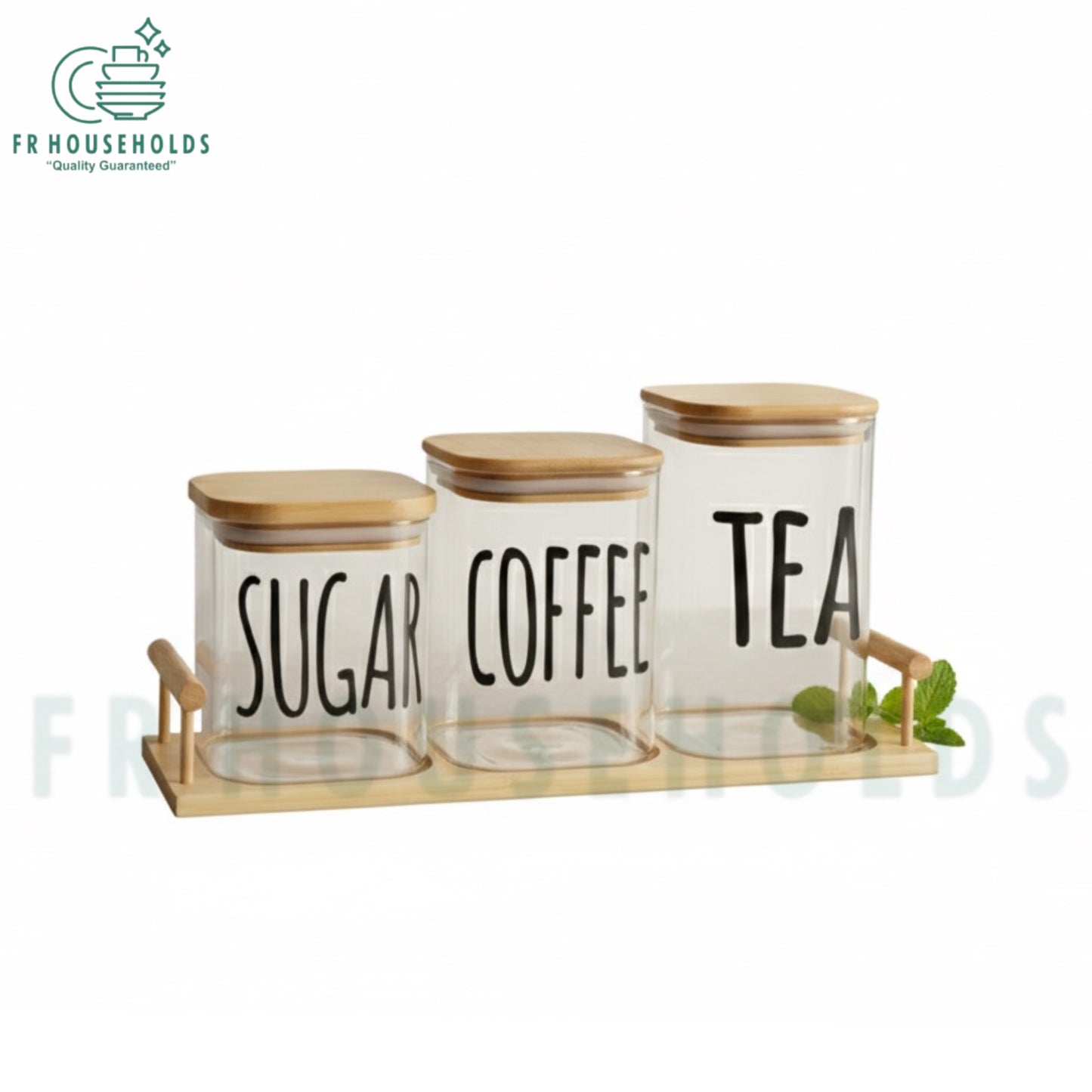 3pcs Airtight Square Glass Jars Set for Tea, Coffee & Sugar with Bamboo Lids and Stand - 1000g Jar | 1000g - 750g & 500g