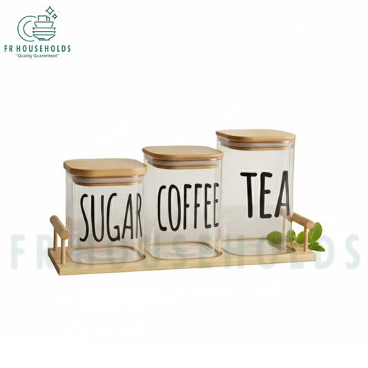 3pcs Airtight Square Glass Jars Set for Tea, Coffee & Sugar with Bamboo Lids and Stand - 1000g Jar | 1000g - 750g & 500g