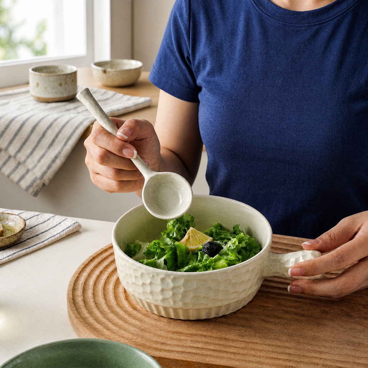 Ceramic Soup & Salad Handle Bowl with Matching Spoon