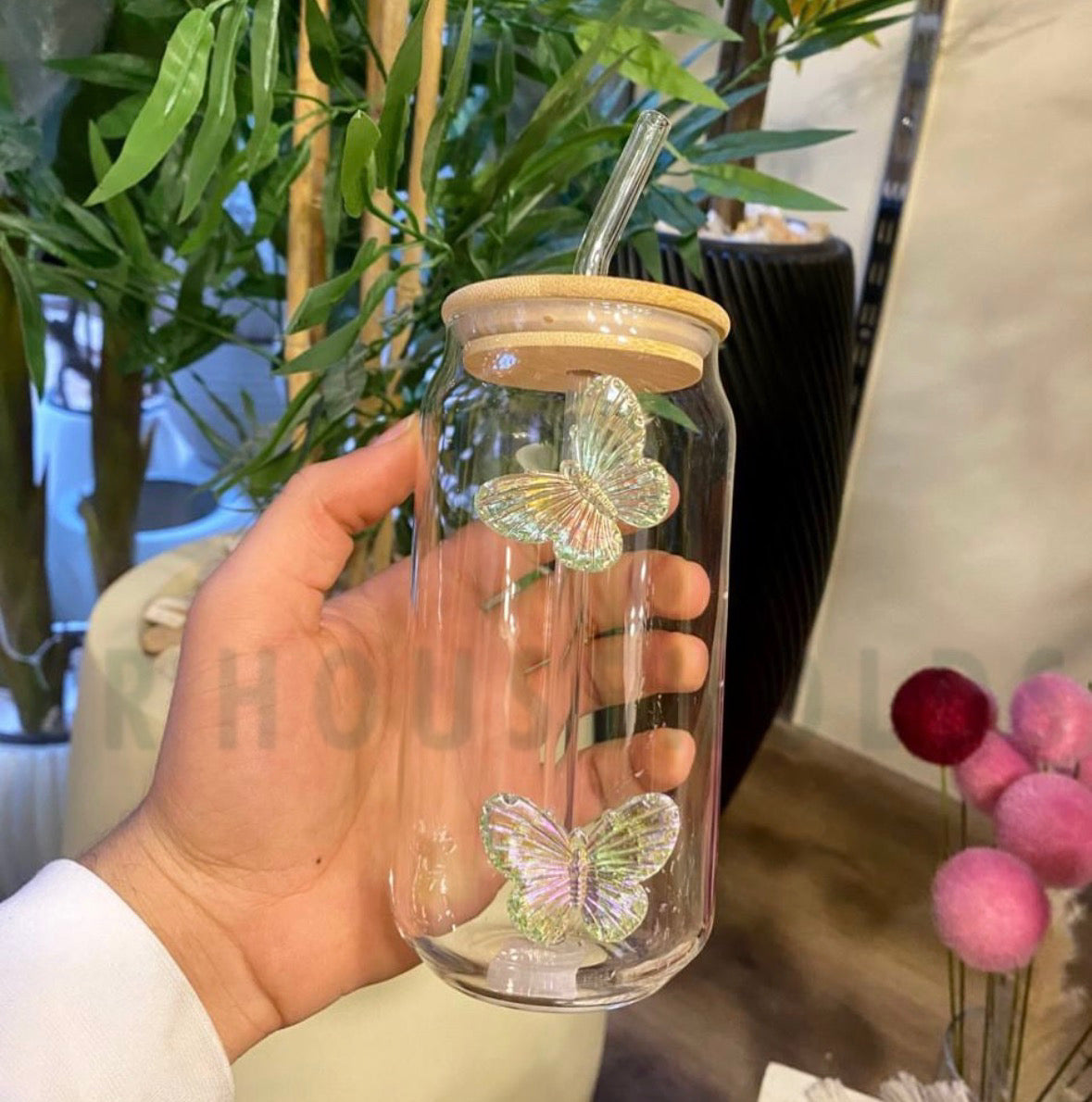 Butterfly Iced Tea Glass with Wooden Lid & Glass Straw | 500ml - 1pc