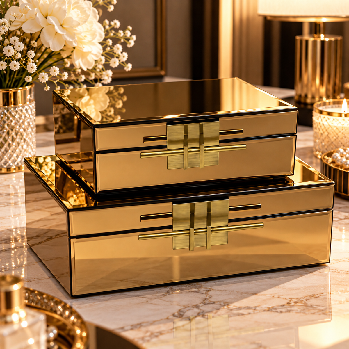 Gold Mirrored Jewellery Box with Geometric Metal Handle
